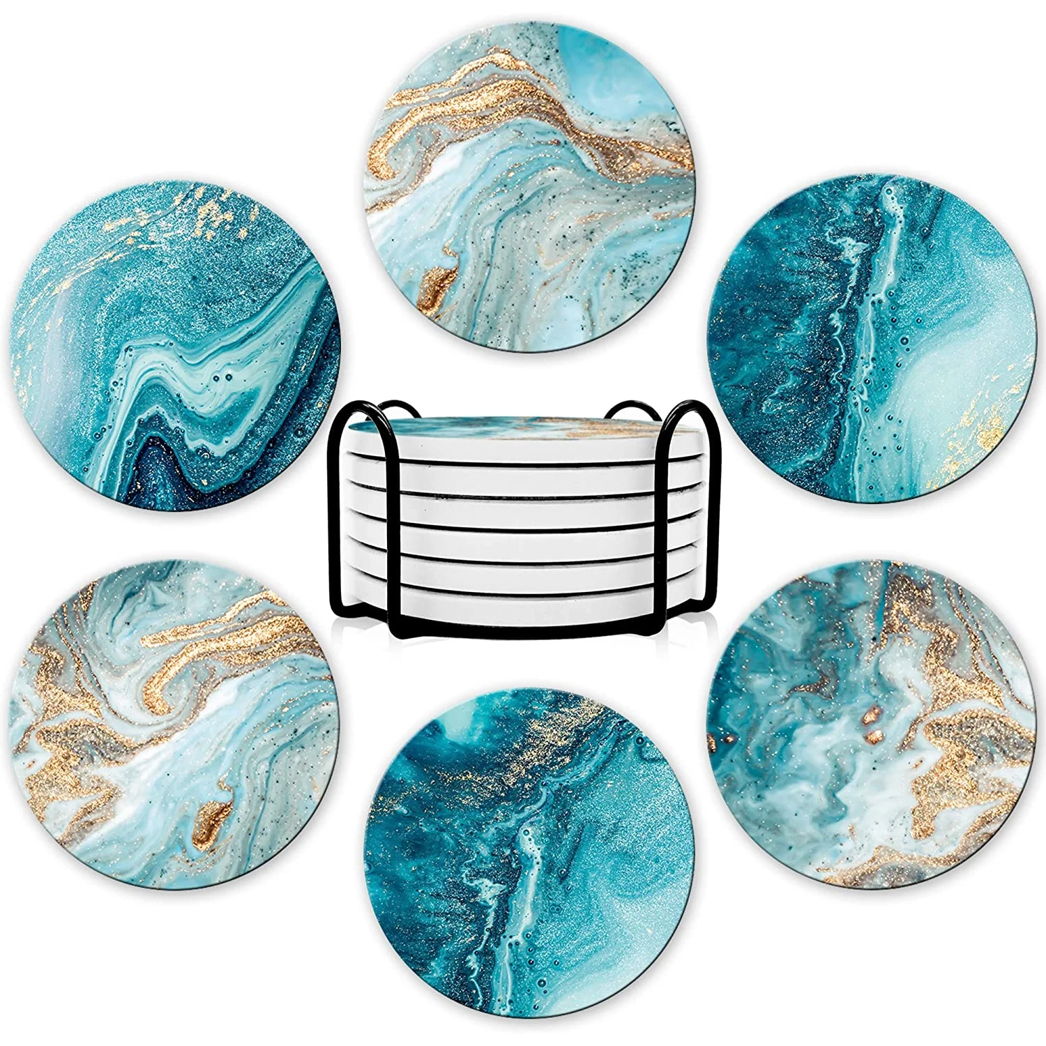 Marble Coaster Set - 6 Parça İçecek Altlığı Seti, Braketli,