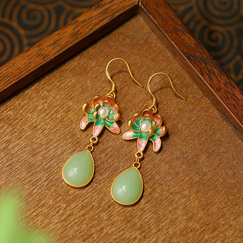 Gold Plated Jewelry - Yeşil Doğal Yeşim Taşı Damla Küpe,