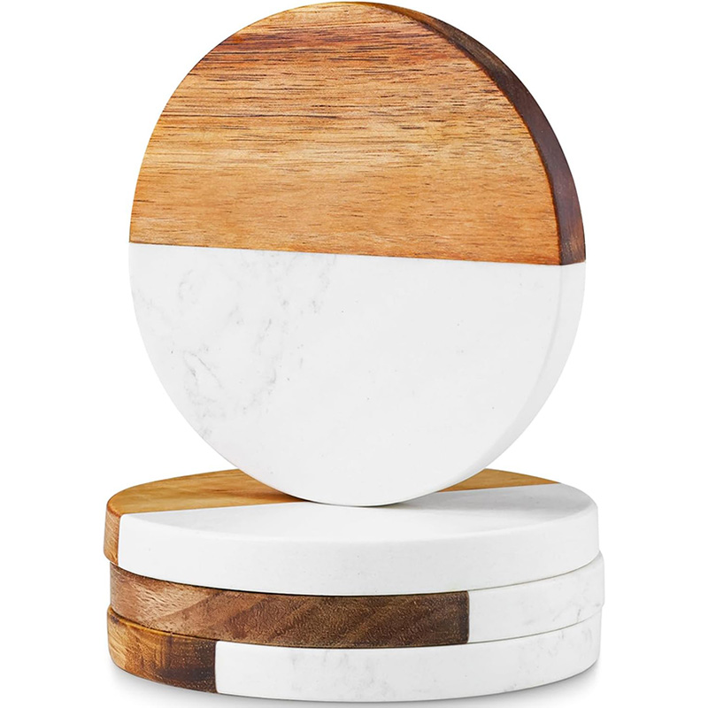 Marble Coaster Set - 4 Adet Mermer Akasya Ahşap Bardak